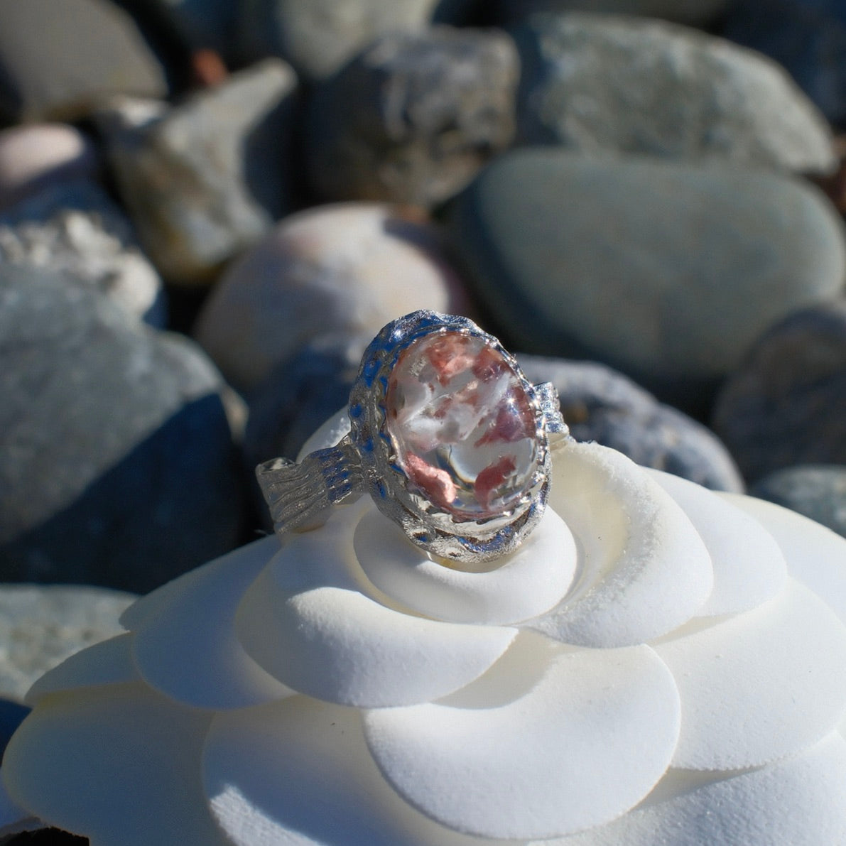 Special Pink and White Rutilated Quartz Ring