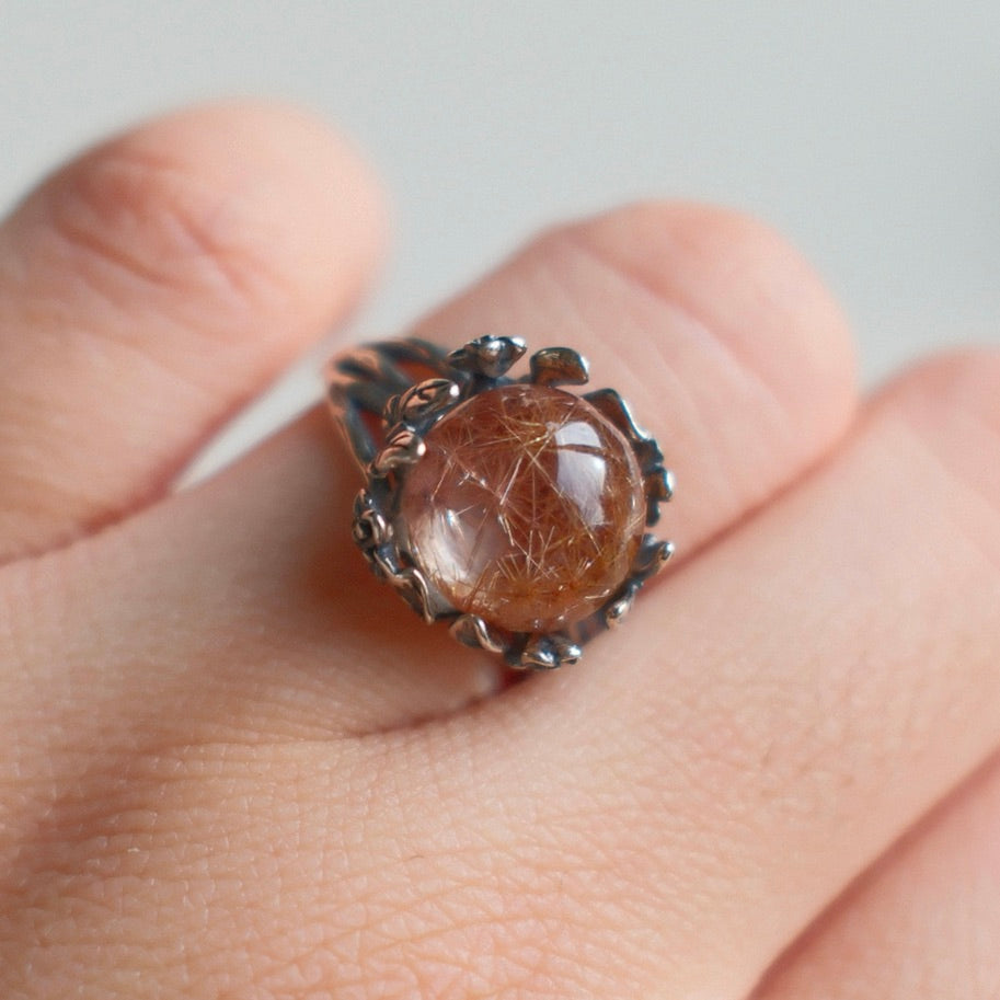 Red Copper Rutilated Quartz Ring with Explosive Flower-like Inclusions
