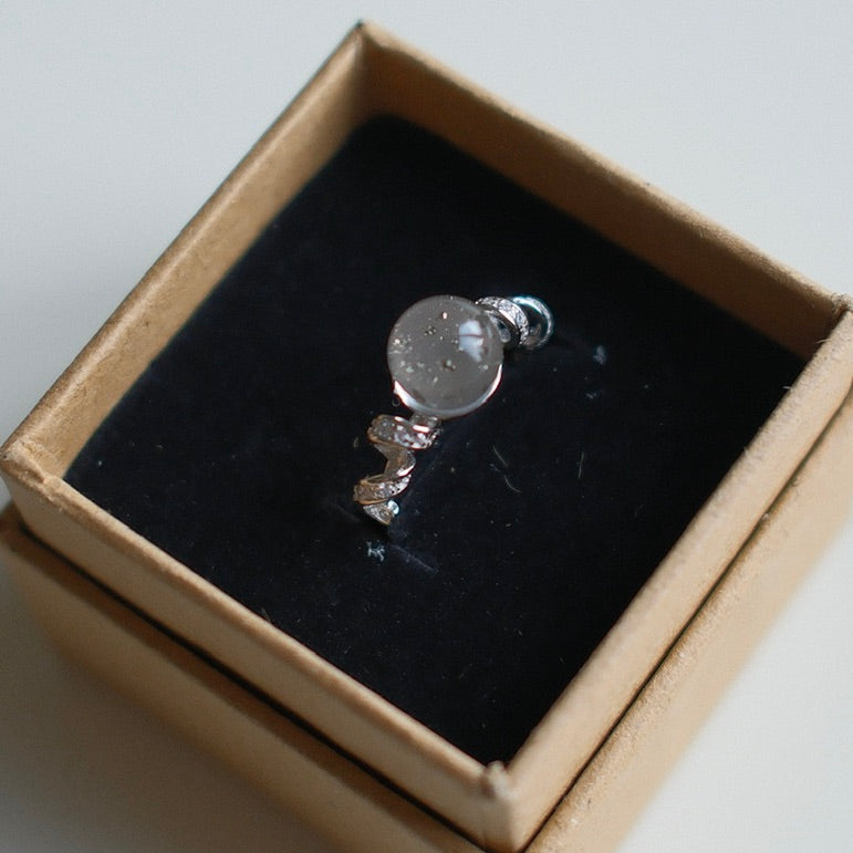 White Phantom Quartz and Chalcopyrite Symbiotic Crystal Ring