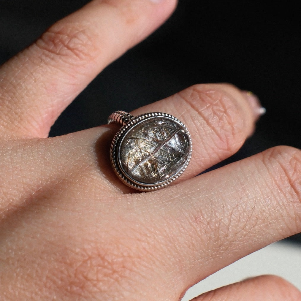 Natural Silver Rutile Inclusion Crystal Ring