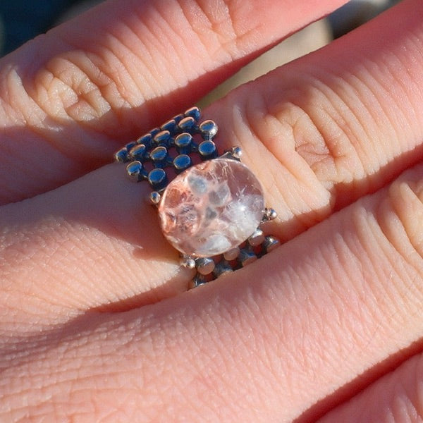 Special Pink and White Rutilated Quartz Ring