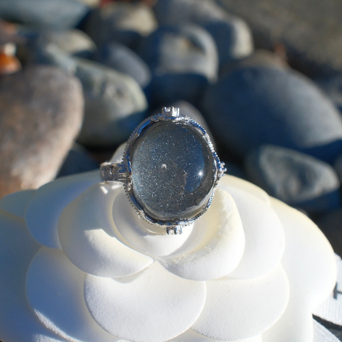 Blue Sand Stone in Quartz Ring