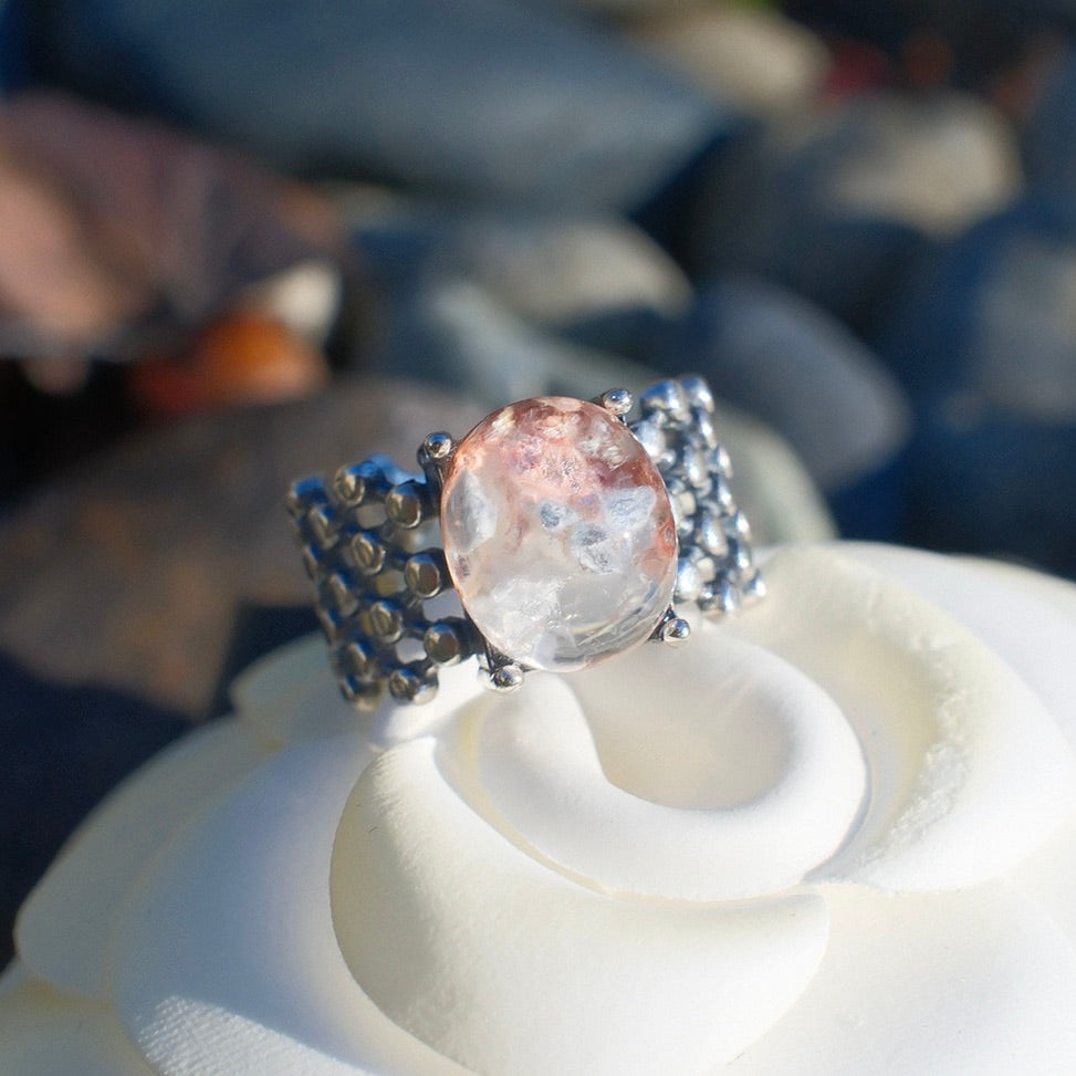 Special Pink and White Rutilated Quartz Ring