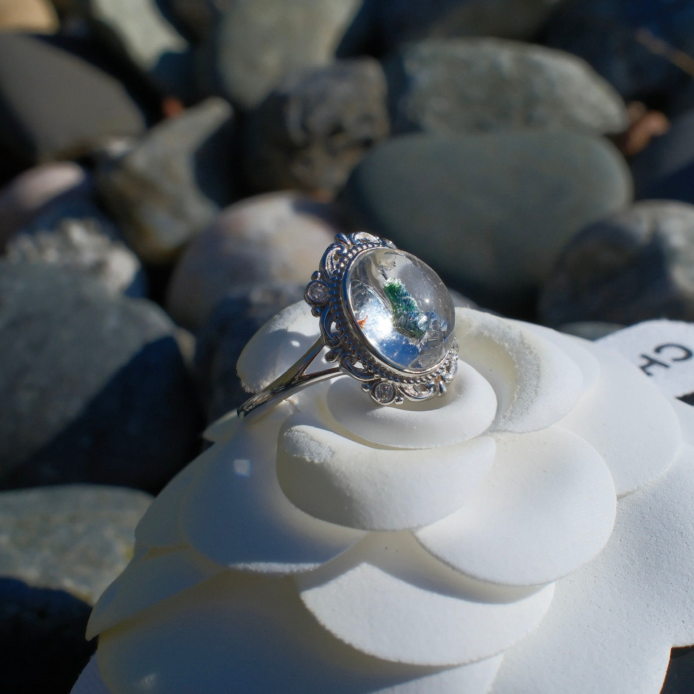 Green Tourmaline in Quartz Ring