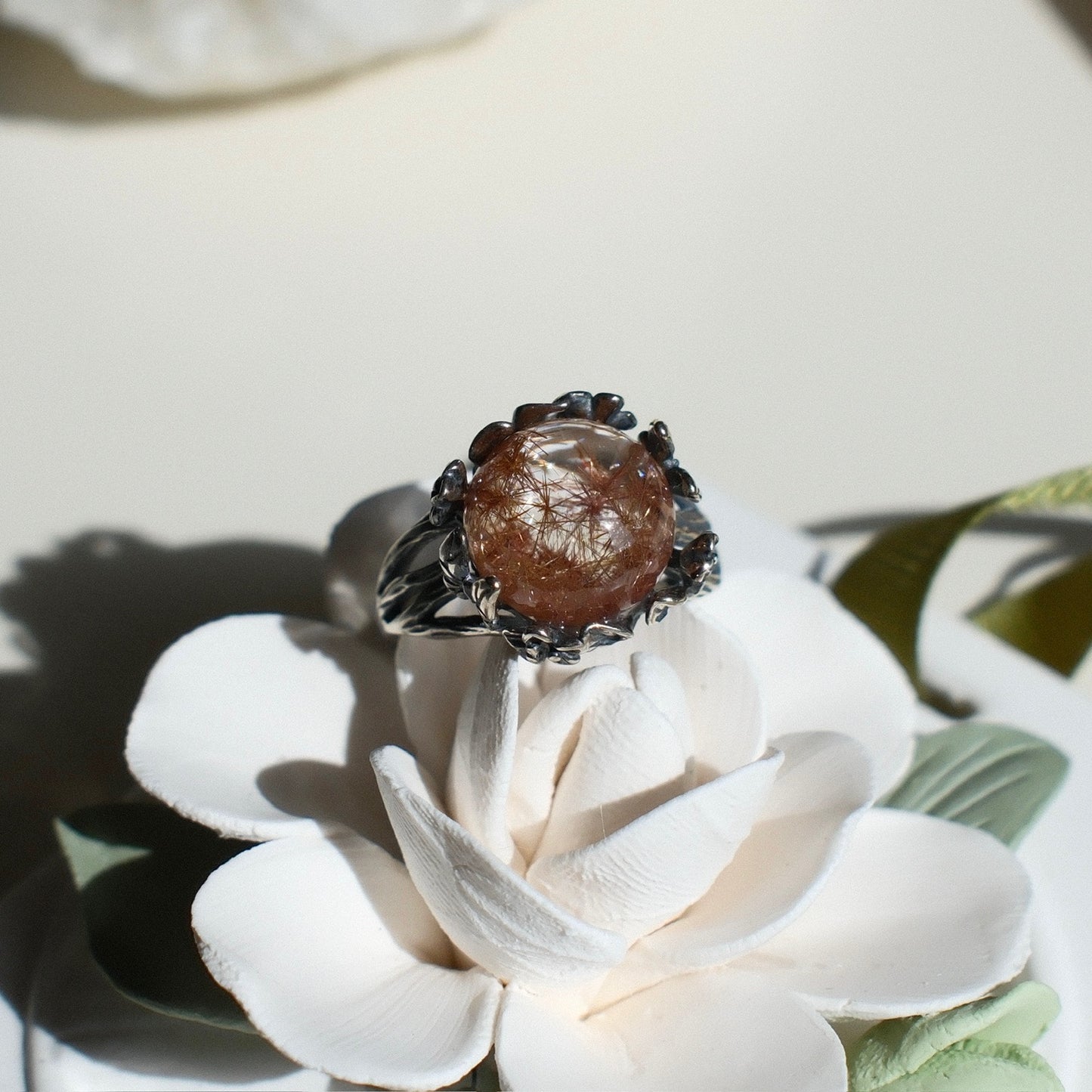 Red Copper Rutilated Quartz Ring with Explosive Flower-like Inclusions