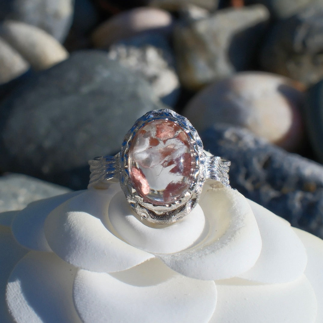 Special Pink and White Rutilated Quartz Ring