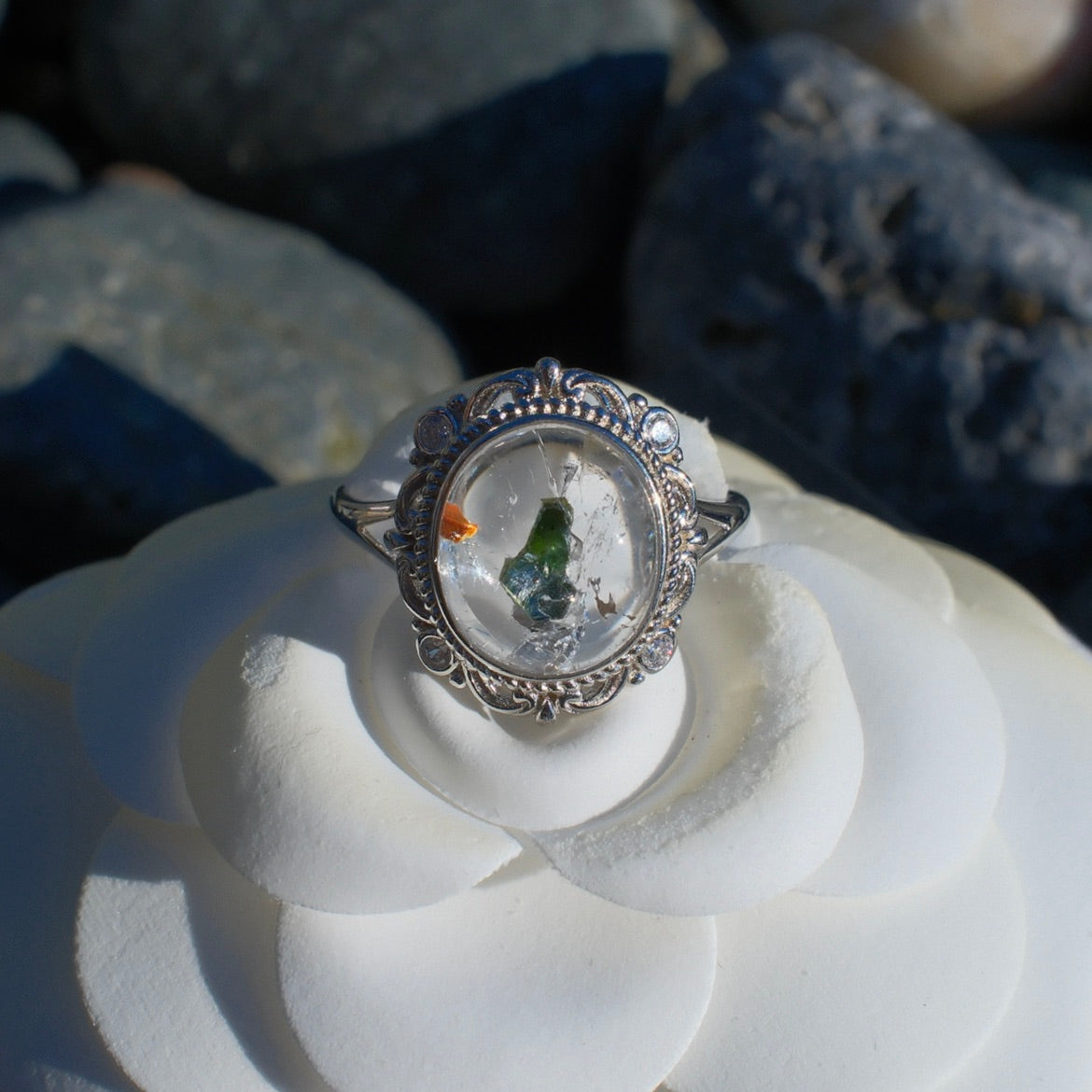 Green Tourmaline in Quartz Ring