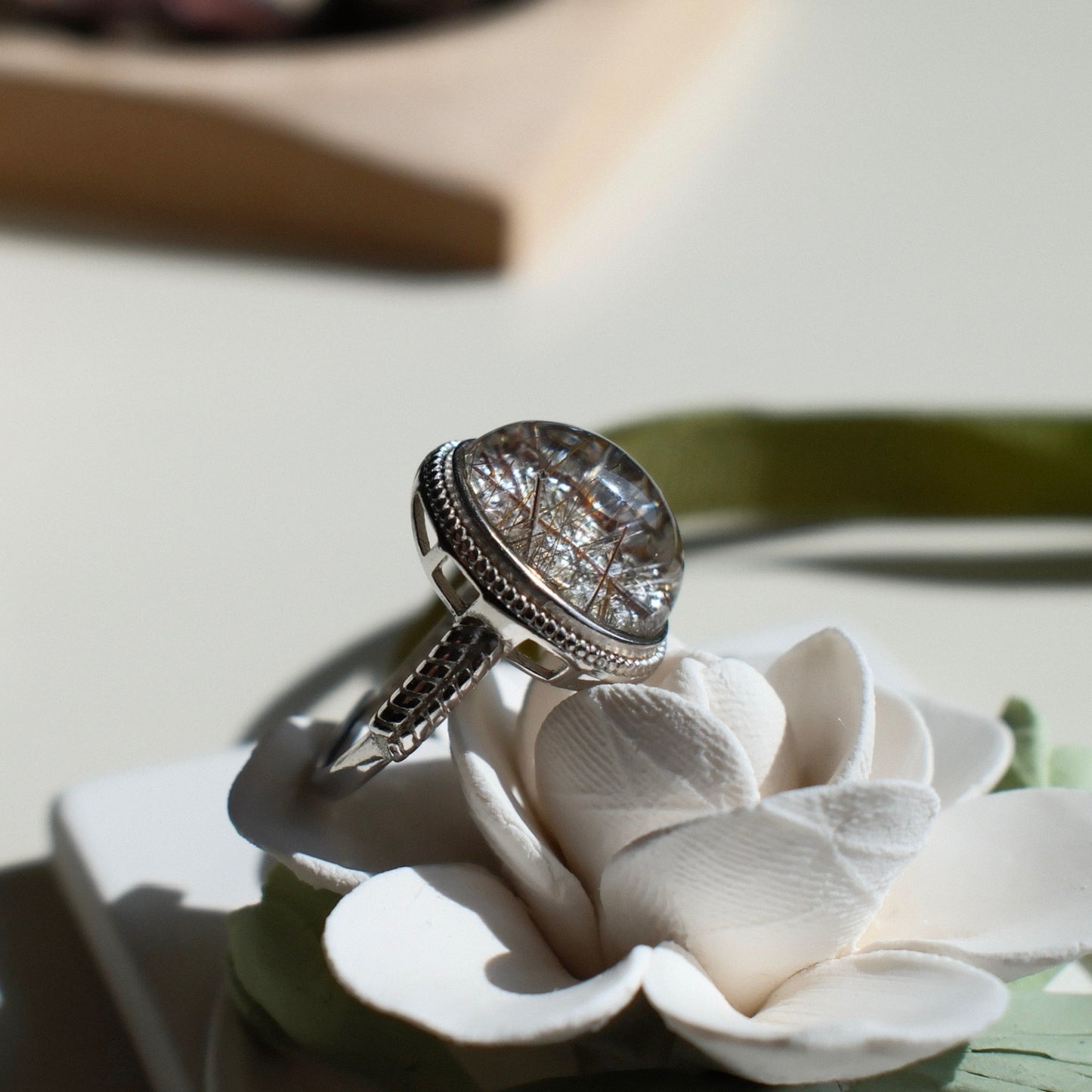 Natural Silver Rutile Inclusion Crystal Ring