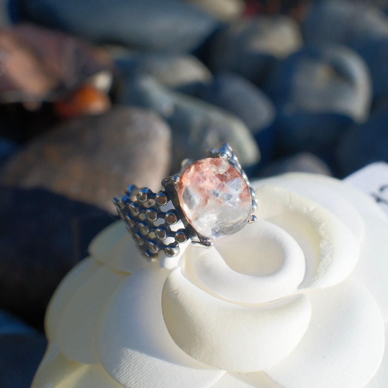 Special Pink and White Rutilated Quartz Ring