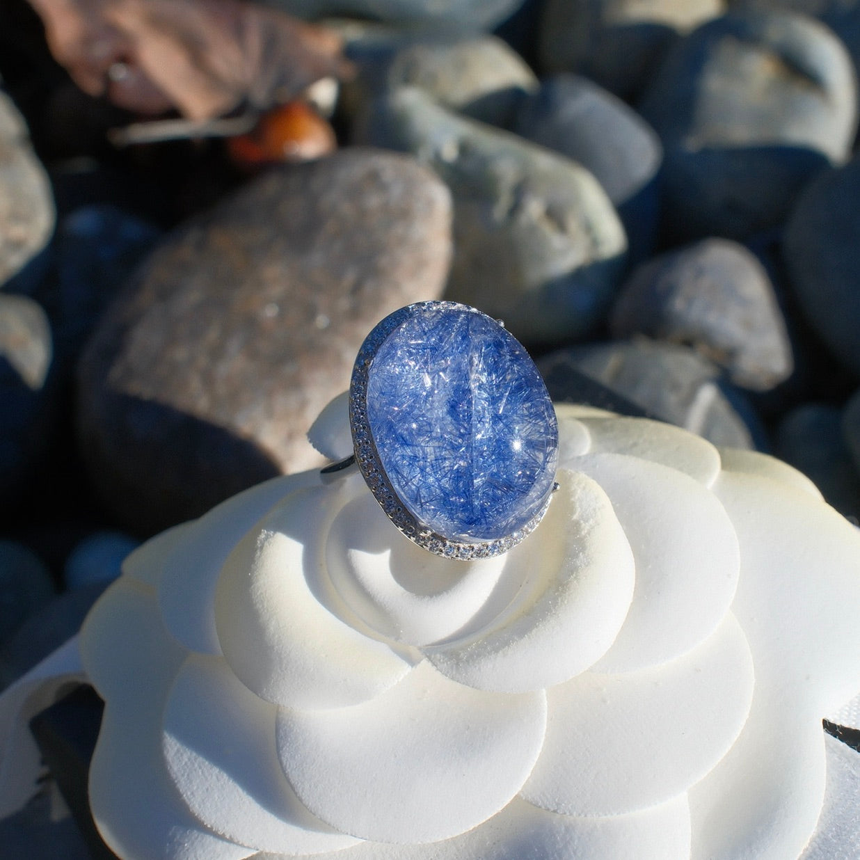 Dumortierite in Quartz Ring