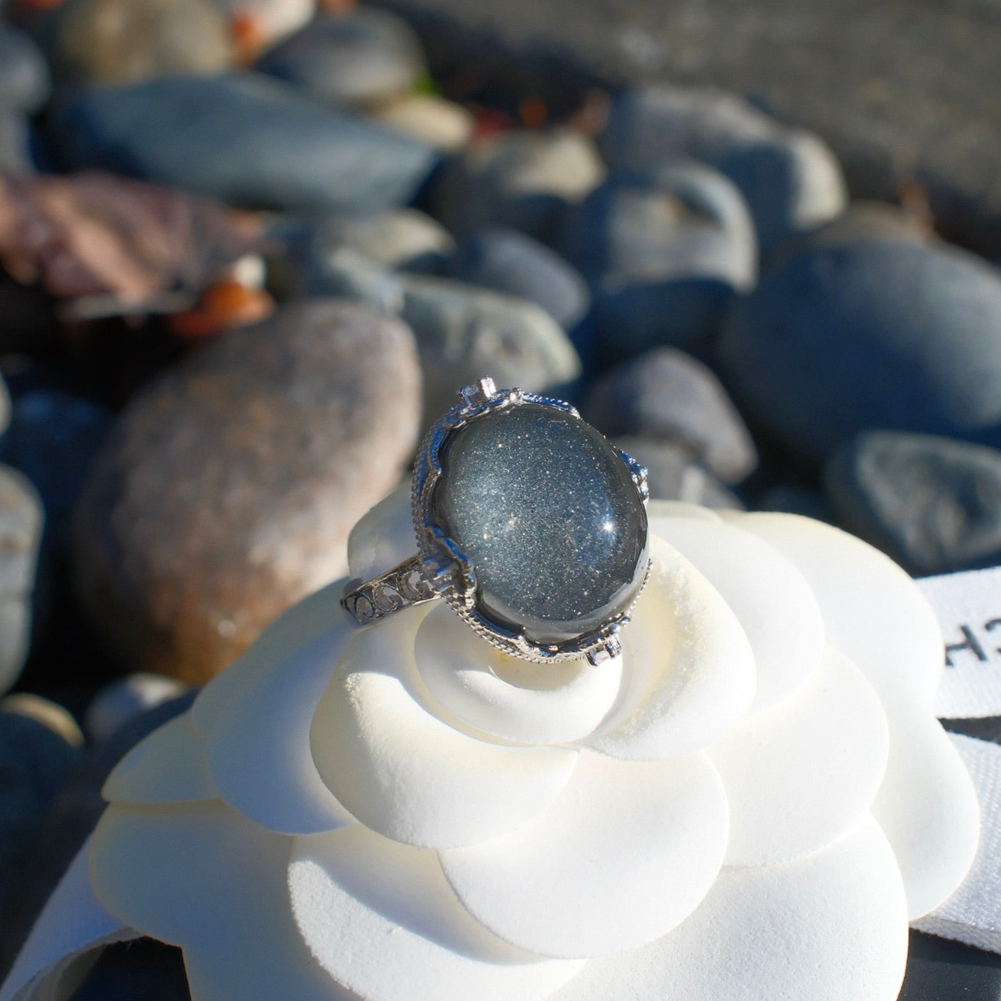 Blue Sand Stone in Quartz Ring