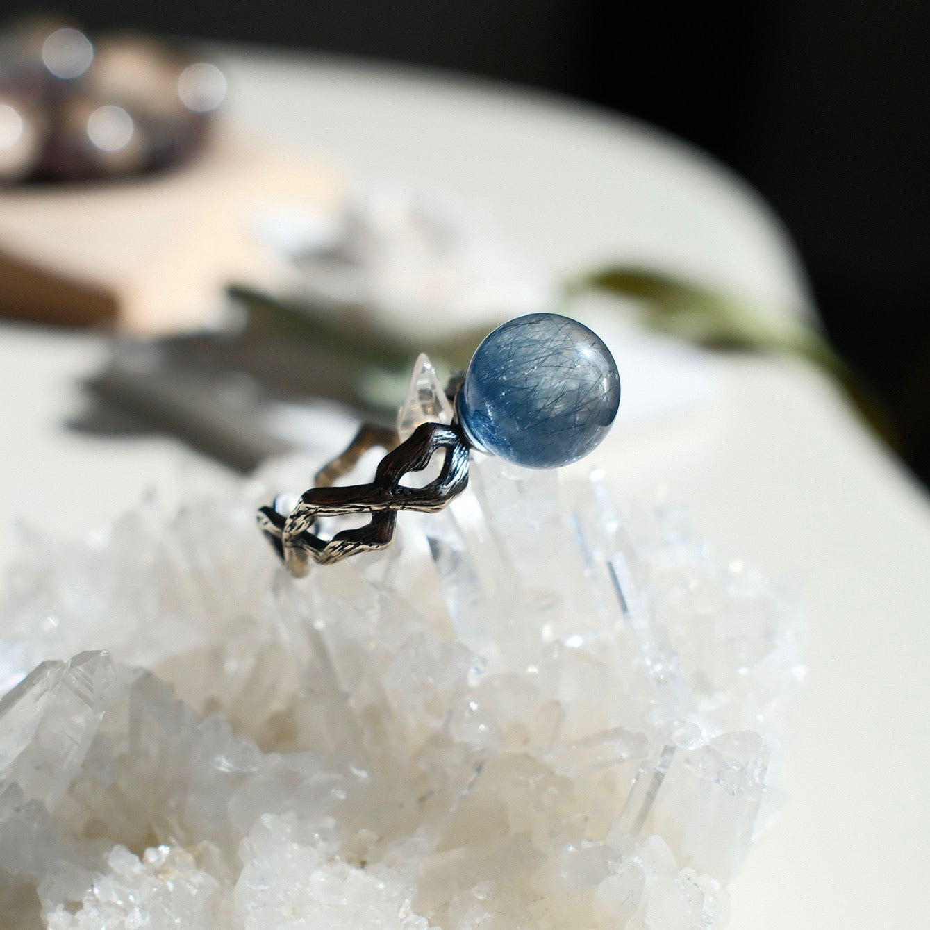 Deep Sea Blue Rutilated Quartz Ring with Steel Wire-like Inclusions