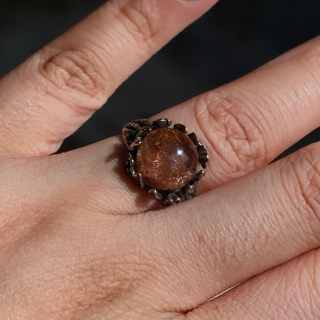 Red Copper Rutilated Quartz Ring with Explosive Flower-like Inclusions