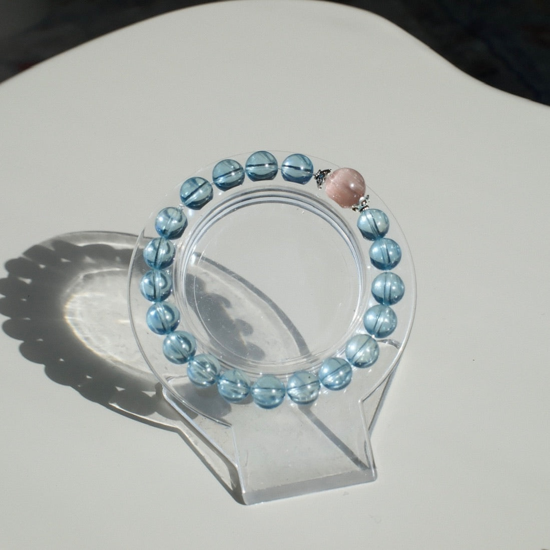 Aquamarine Bracelet with A Pink Rutilated Quartz