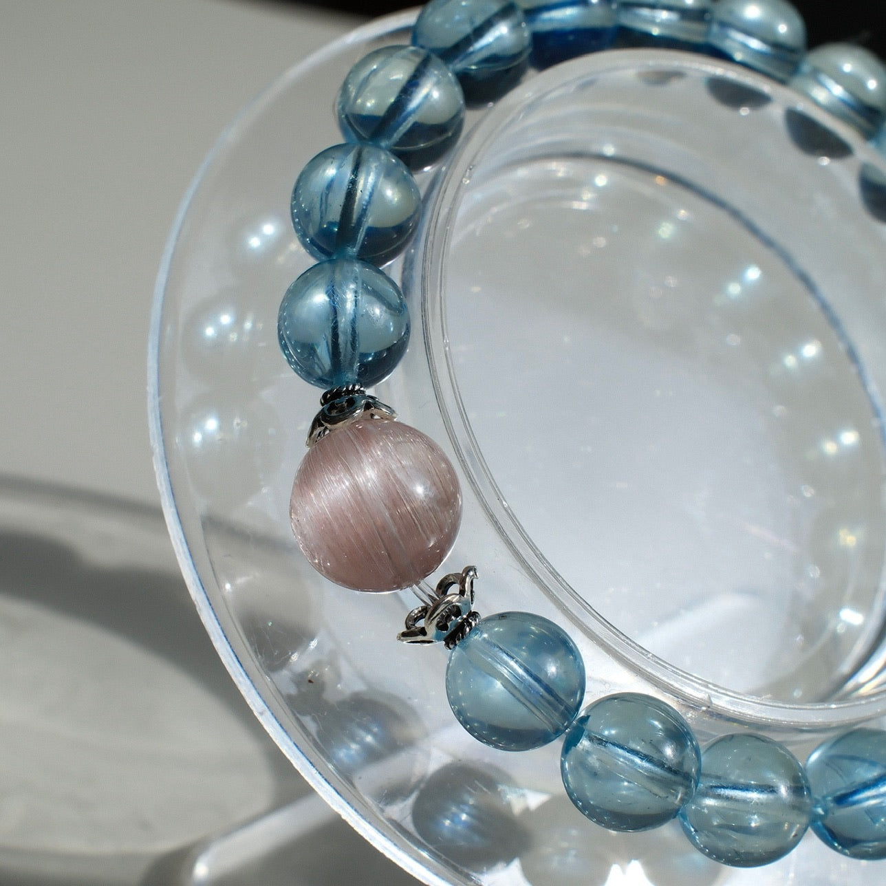 Aquamarine Bracelet with A Pink Rutilated Quartz