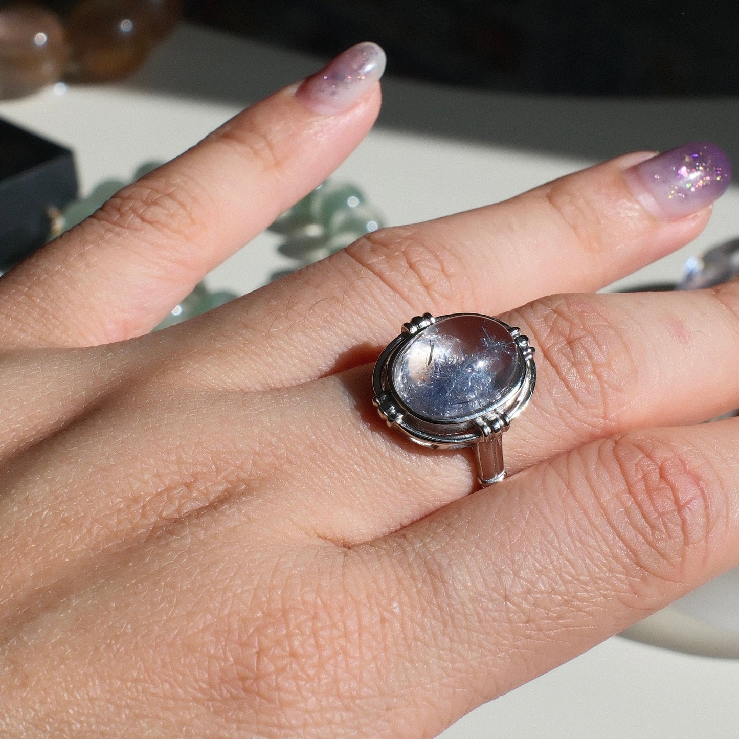 Dumortierite in Quartz Ring