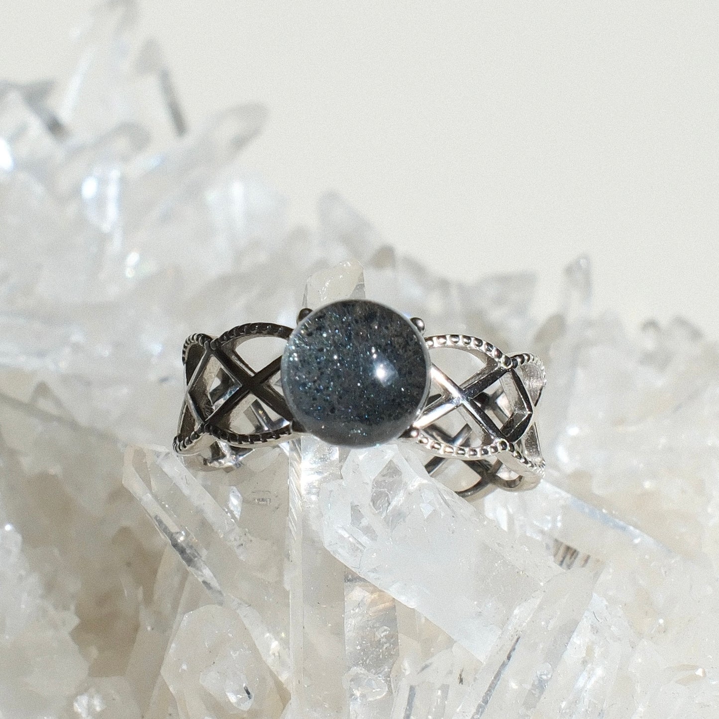 Blue Sand Stone in Quartz Ring