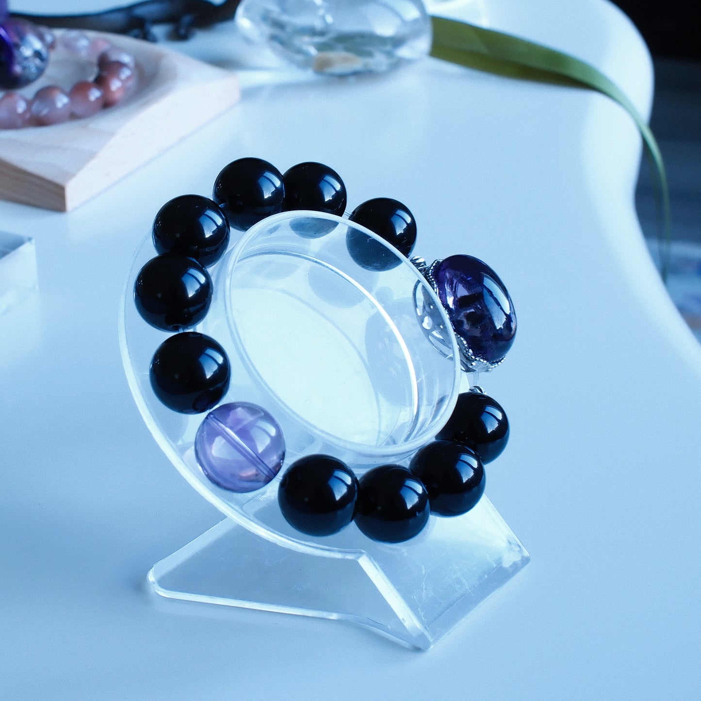 Enhydro Amethyst Cabochon with Obsidian beads