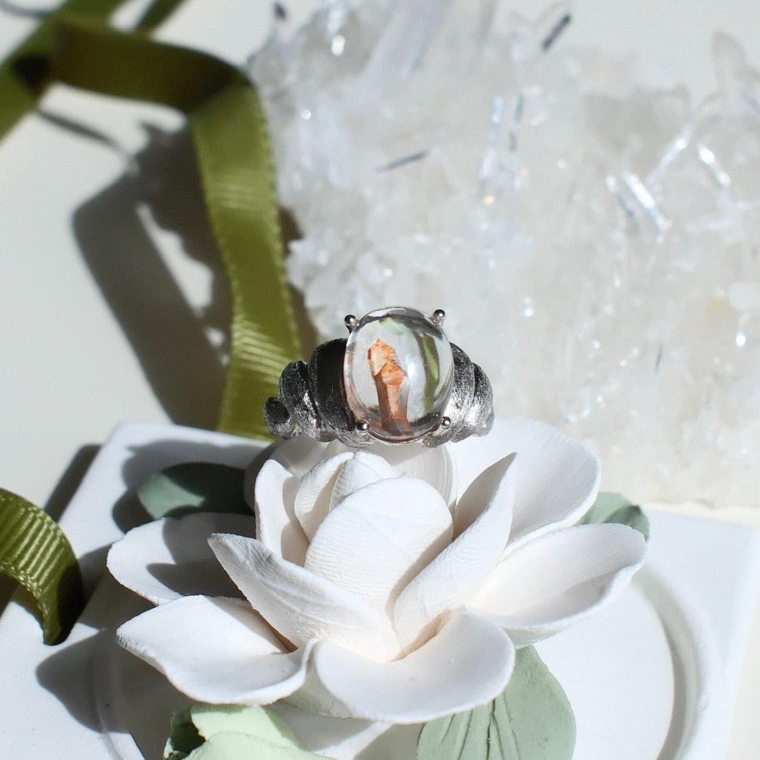 Clear Quartz with Pink Calcite Inclusion Ring