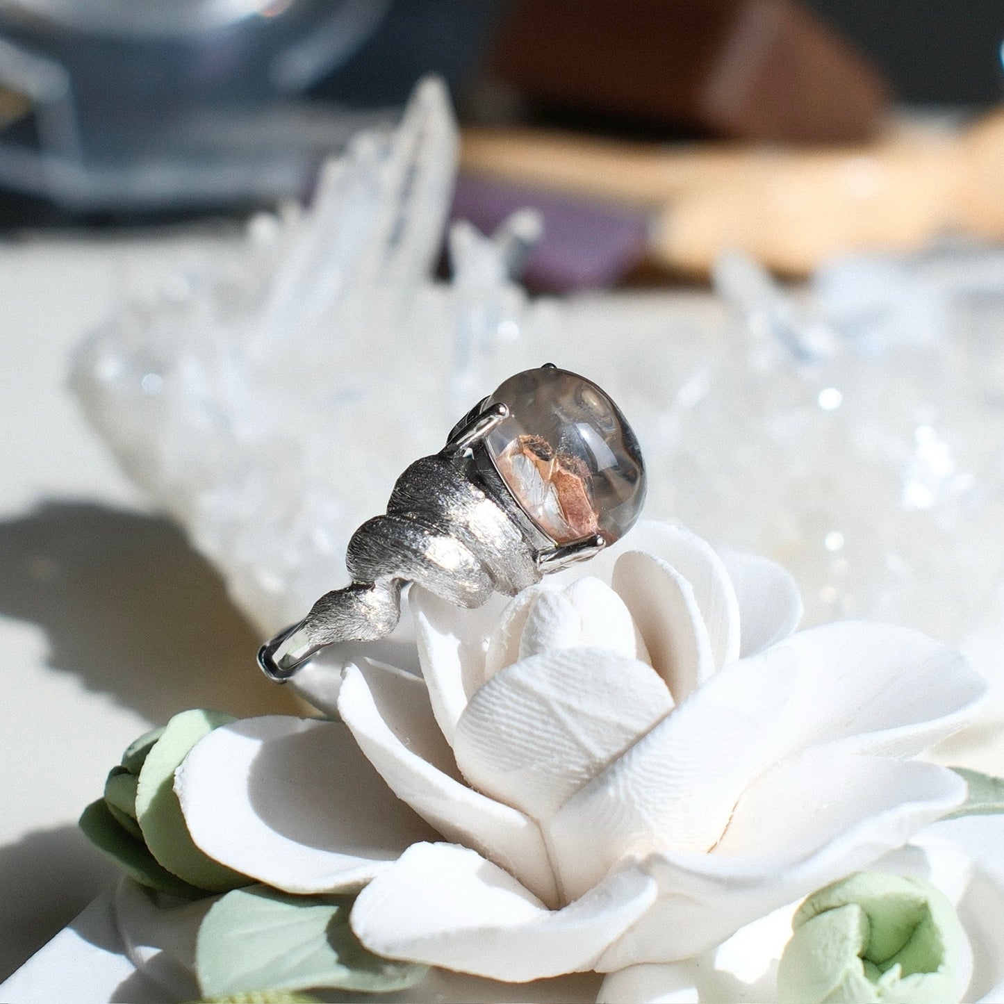 Clear Quartz with Pink Calcite Inclusion Ring
