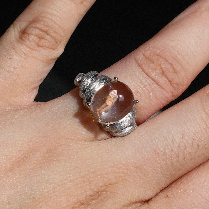 Clear Quartz with Pink Calcite Inclusion Ring