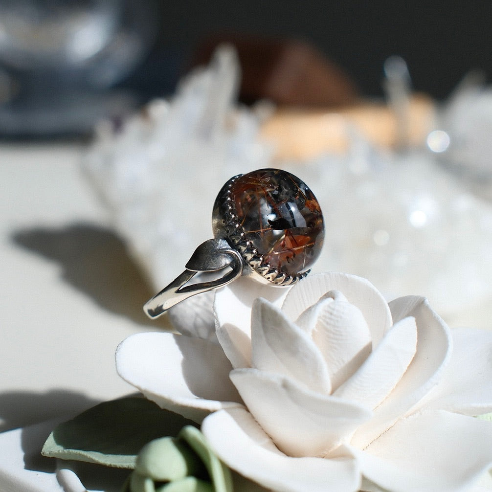 Natural Rutiled Tourmaline and Mica in Quartz Ring
