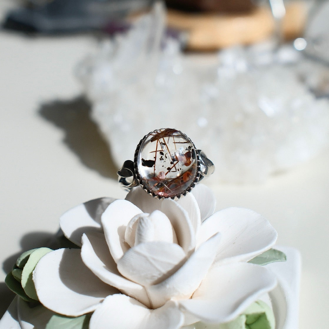 Natural Rutiled Tourmaline and Mica in Quartz Ring