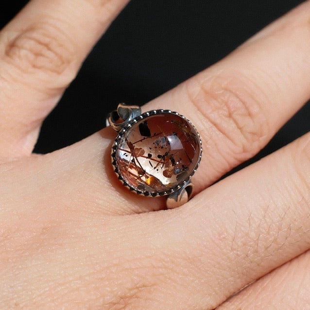 Natural Rutiled Tourmaline and Mica in Quartz Ring