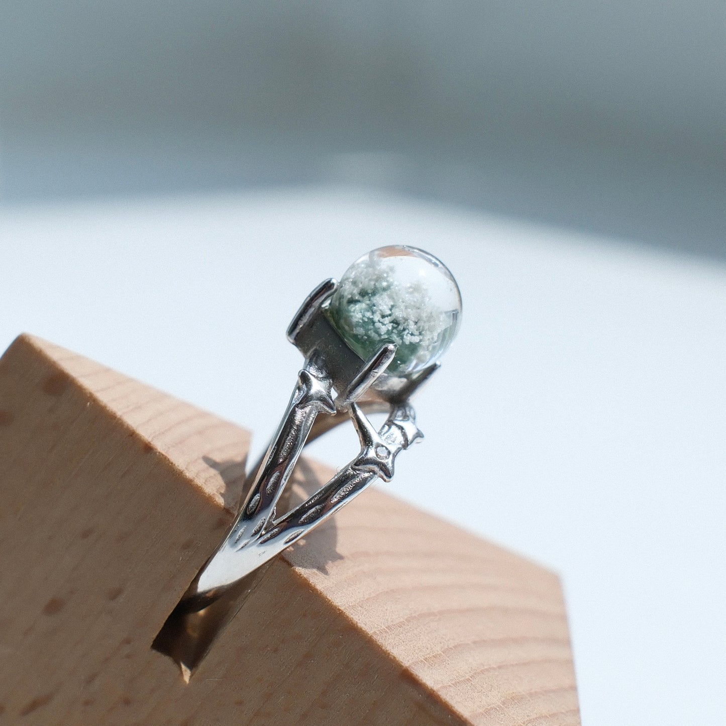 Green Phantom Quartz Ring with White Mica Inclusions