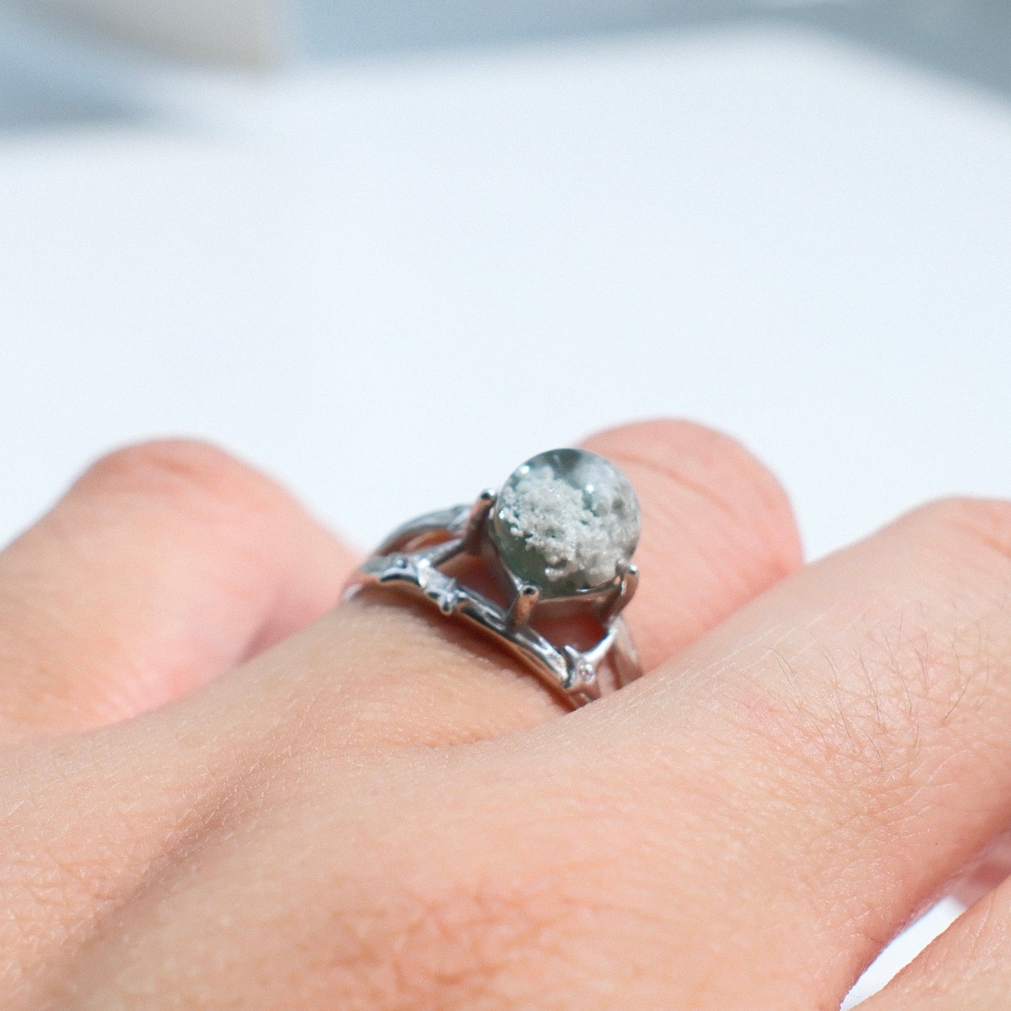Green Phantom Quartz Ring with White Mica Inclusions