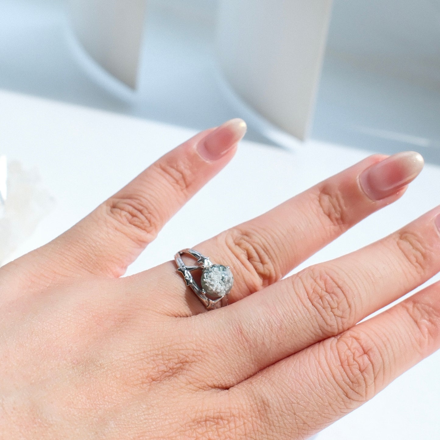 Green Phantom Quartz Ring with White Mica Inclusions