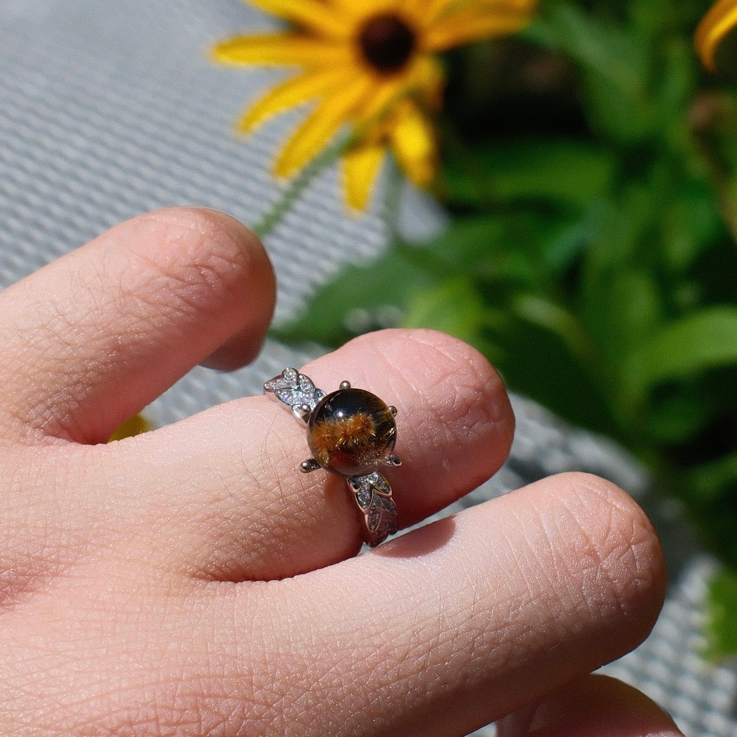 Rutilated Quartz Ring with Flower-like Inclusions