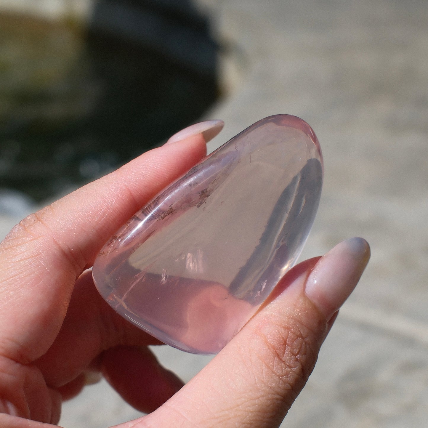 Rose Quartz Palm Stone with Pyrolusite Inclusions