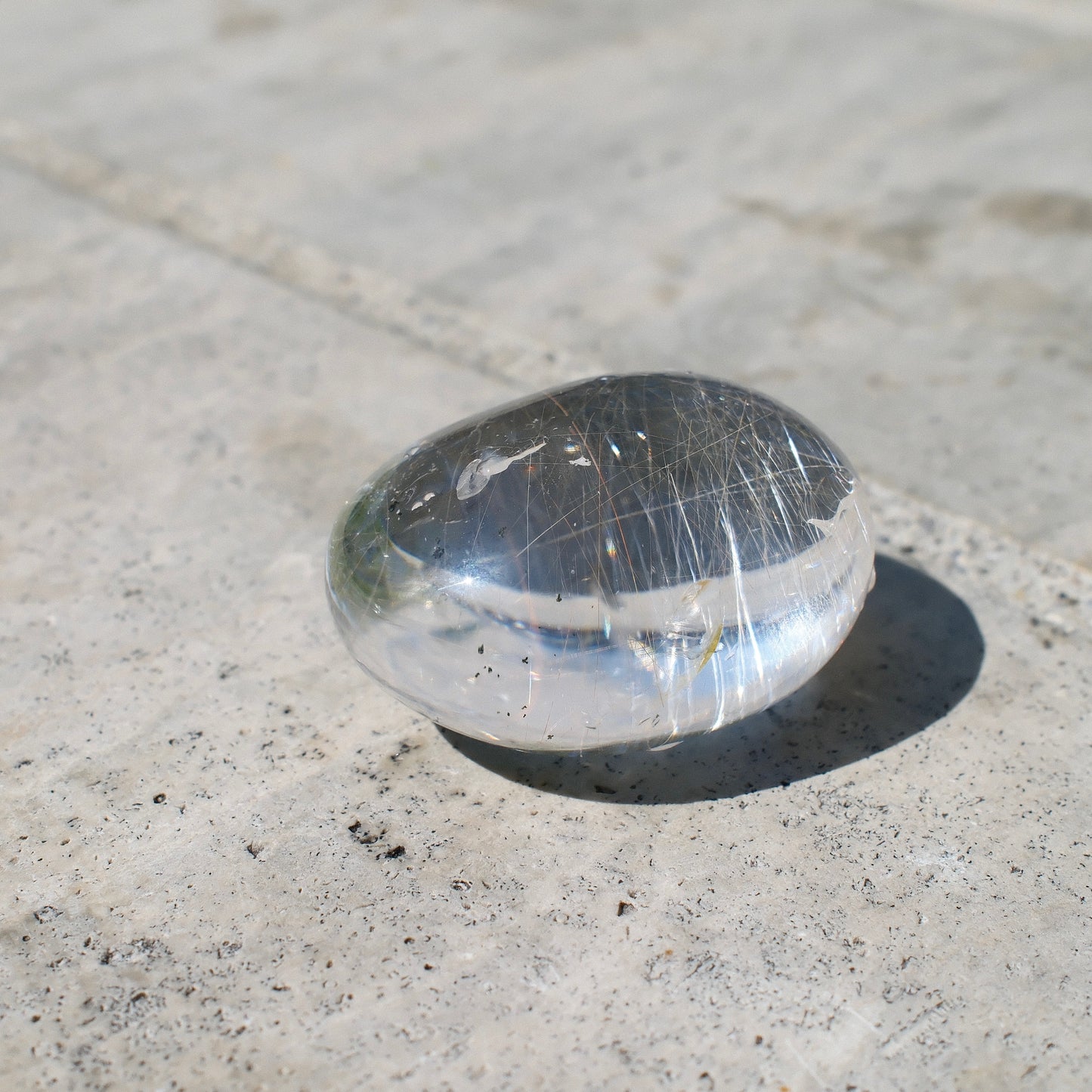 Clear Quartz Palm Stone with Rutilated Inclusion