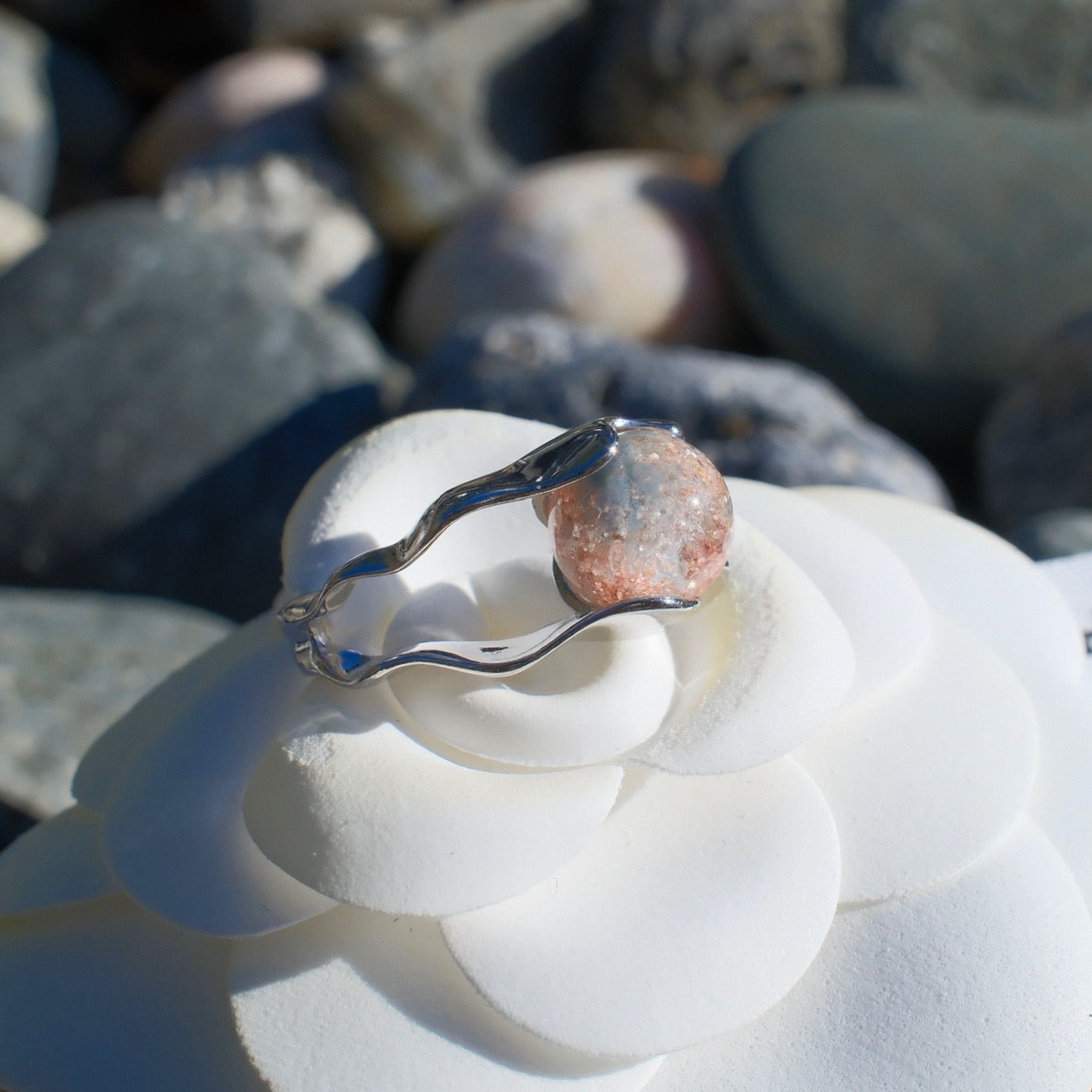 Granulated Pink Phantom Quartz Ring with Blue Rutilated Inclusion