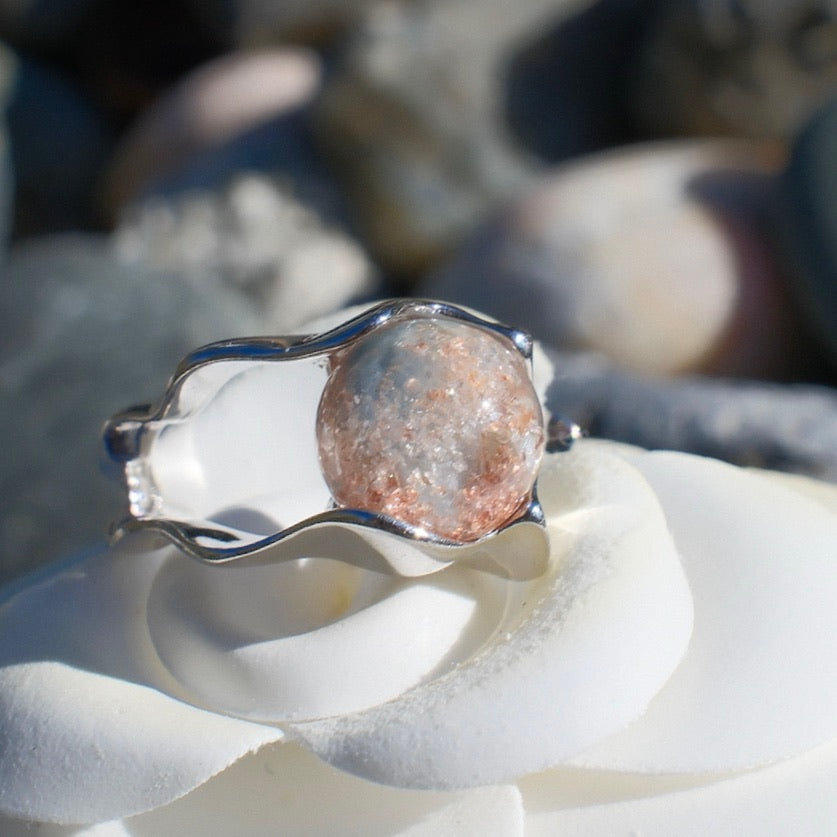 Granulated Pink Phantom Quartz Ring with Blue Rutilated Inclusion