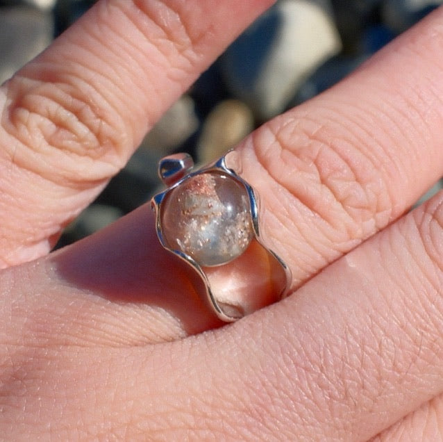 Granulated Pink Phantom Quartz Ring with Blue Rutilated Inclusion