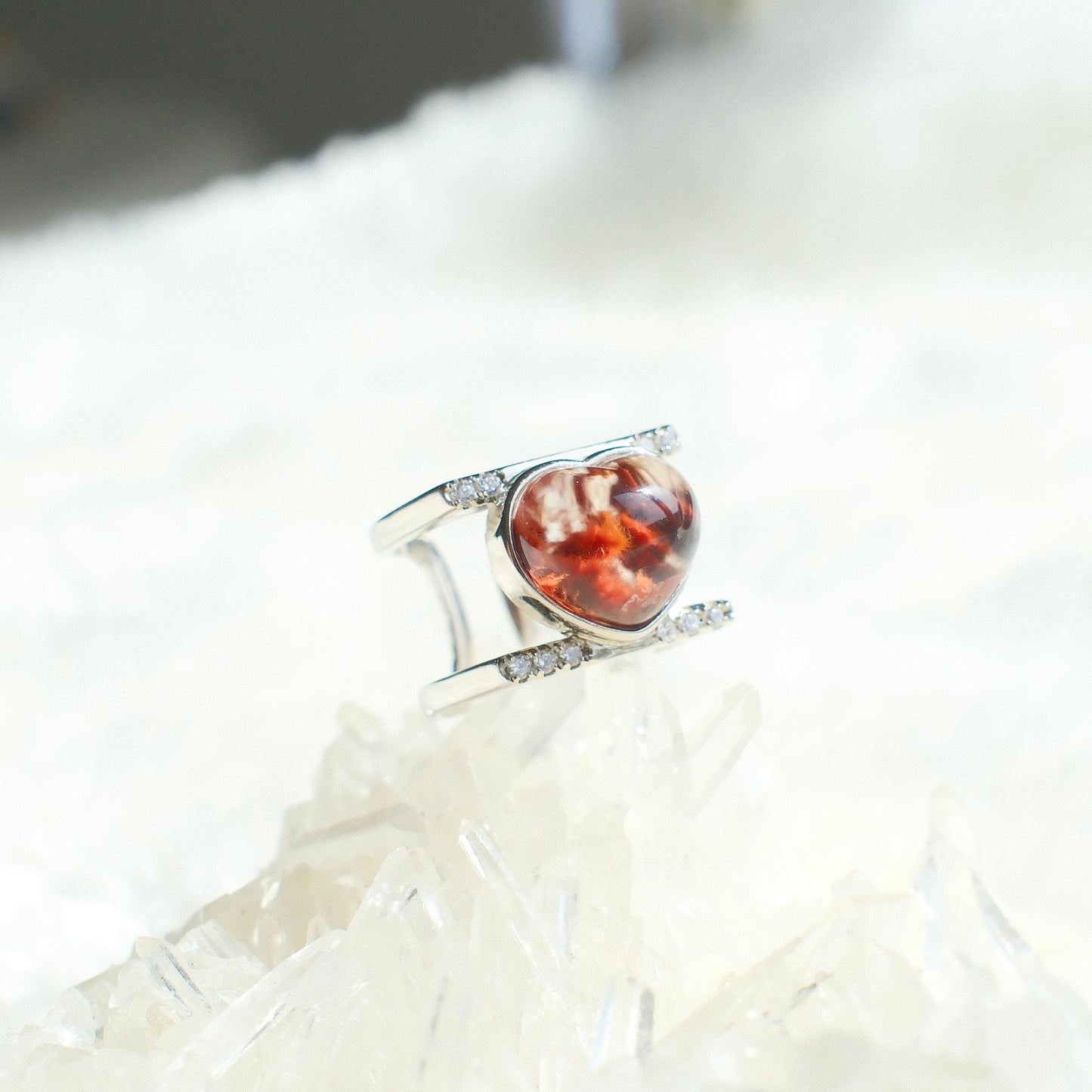 Flame-Shaped Red Rabbit Hair Quartz Heart Ring