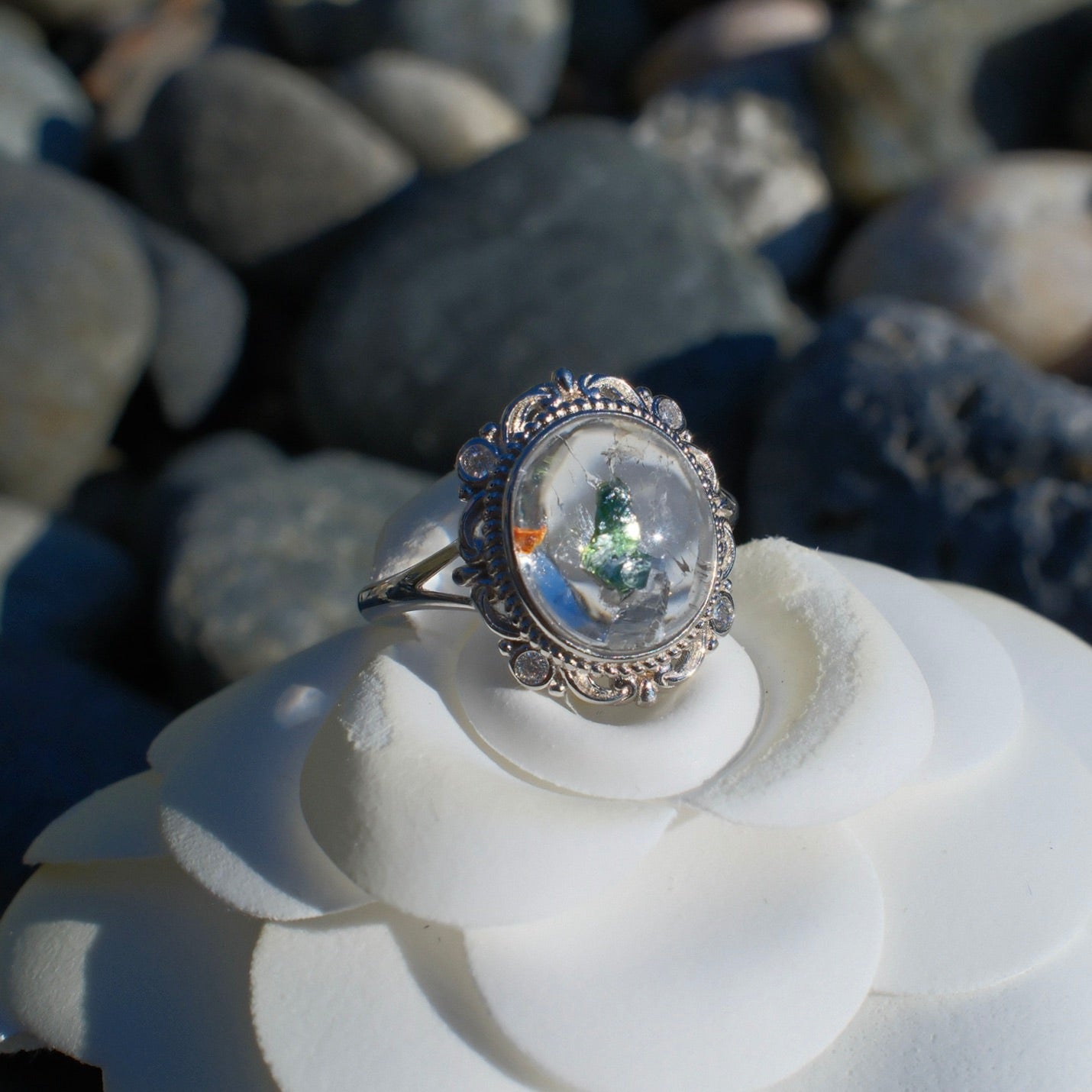 Green Tourmaline in Quartz Ring
