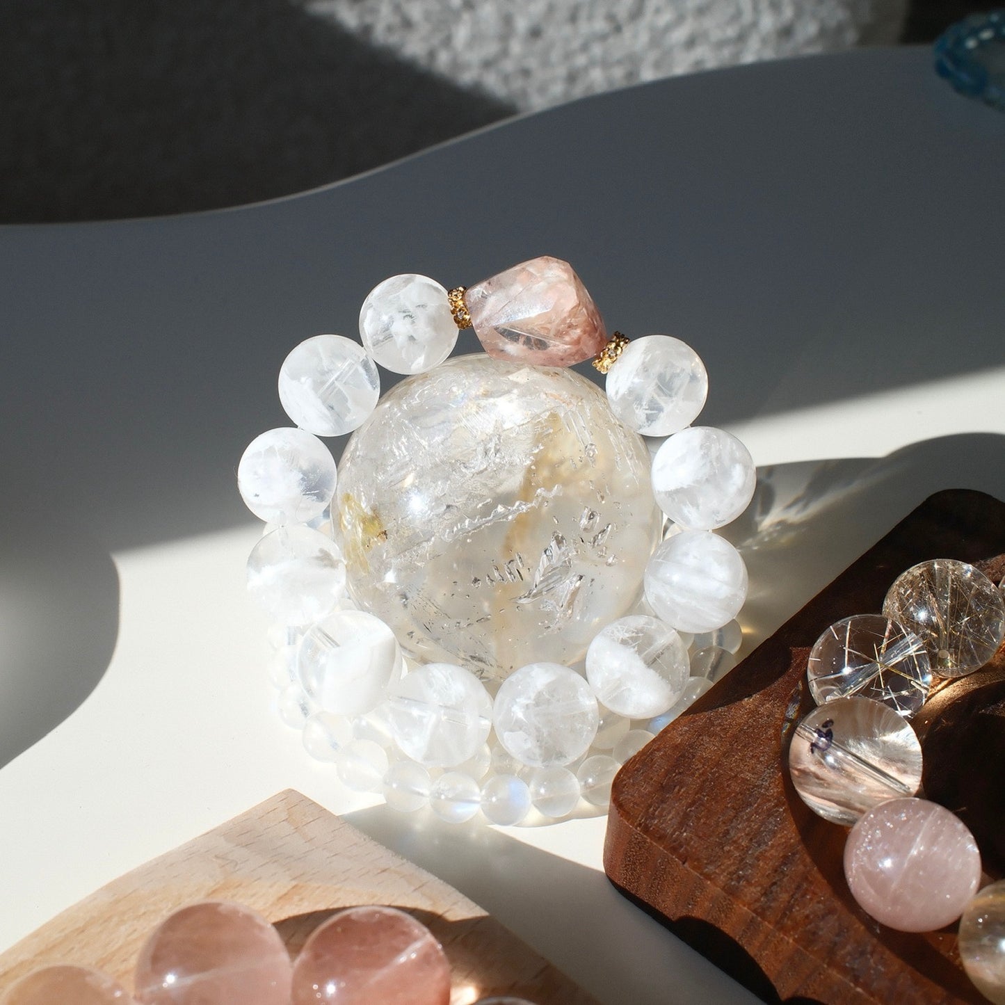 Lodolite Quartz and Special Pink Rutilated Quartz Bracelet