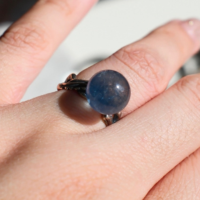 Deep Sea Blue Rutilated Quartz Ring with Steel Wire-like Inclusions