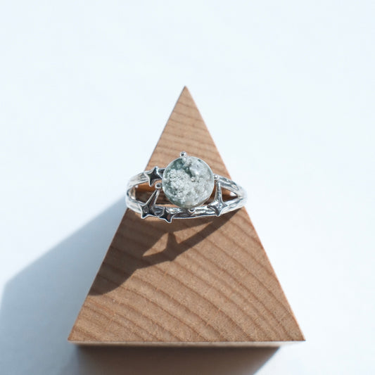 Green Phantom Quartz Ring with White Mica Inclusions