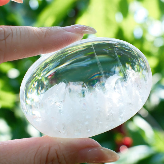White Rutilated Quartz with Clear Faden Quartz Palm Stone