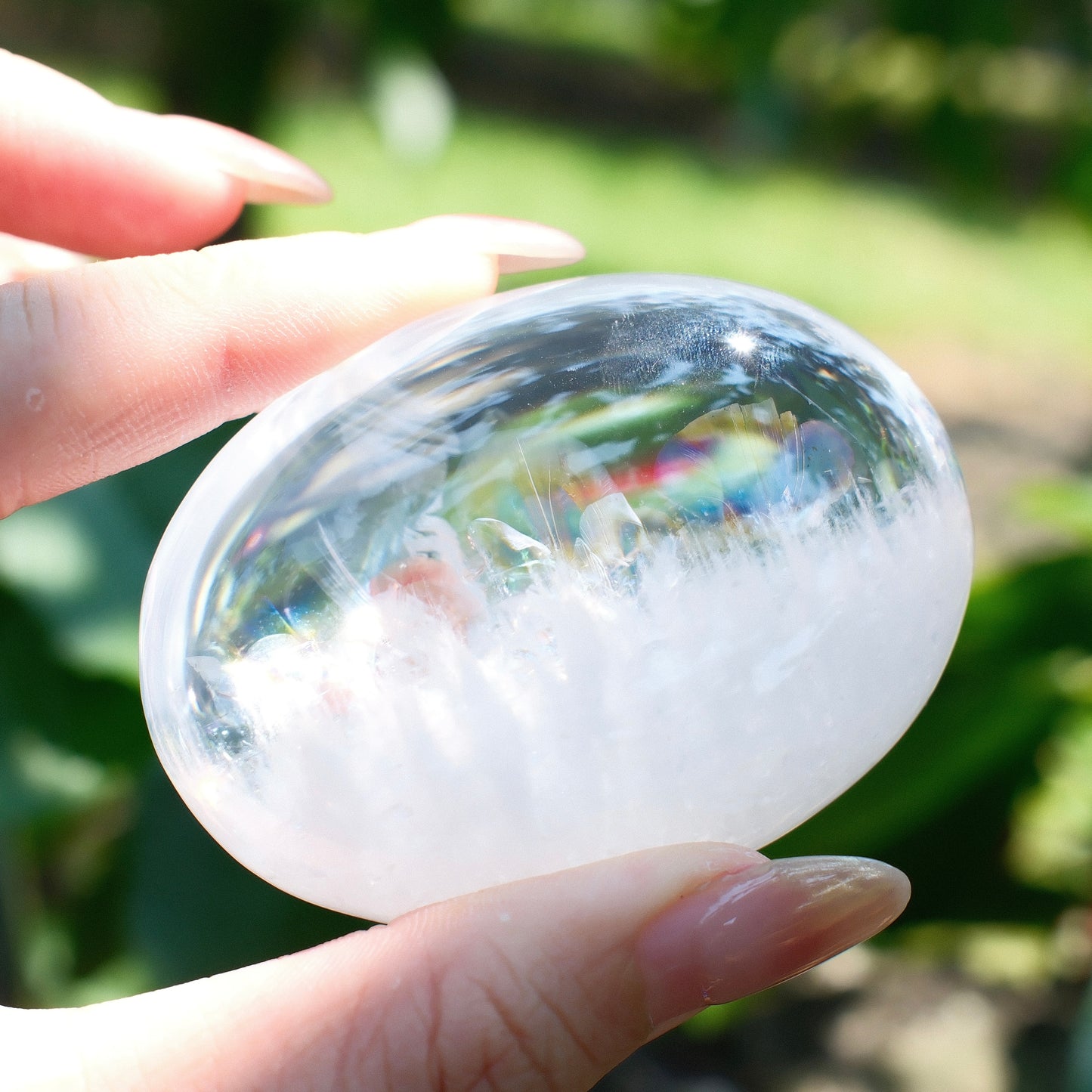 White Rutilated Quartz with Clear Faden Quartz Palm Stone