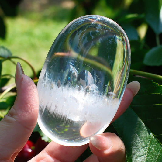 White Rutilated Quartz with Clear Faden Quartz Palm Stone