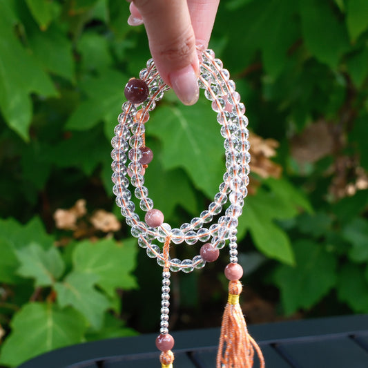 108 Bead White Quartz Mala with Purple Rutilated Quartz Accents
