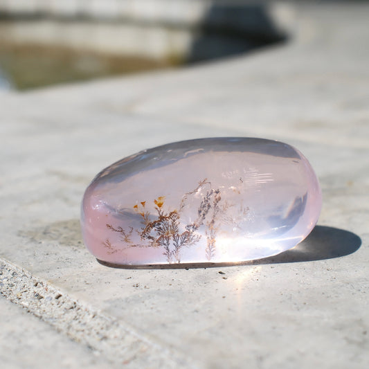 Rose Quartz Palm Stone with Pyrolusite Inclusions