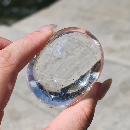 Clear Quartz Palm Stone with Rutilated Inclusion