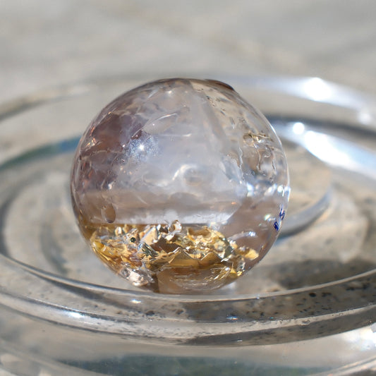 Ultra-Rare Yellow Clay Skeleton Quartz Sphere with Floating Calcite & Movable Enhydro