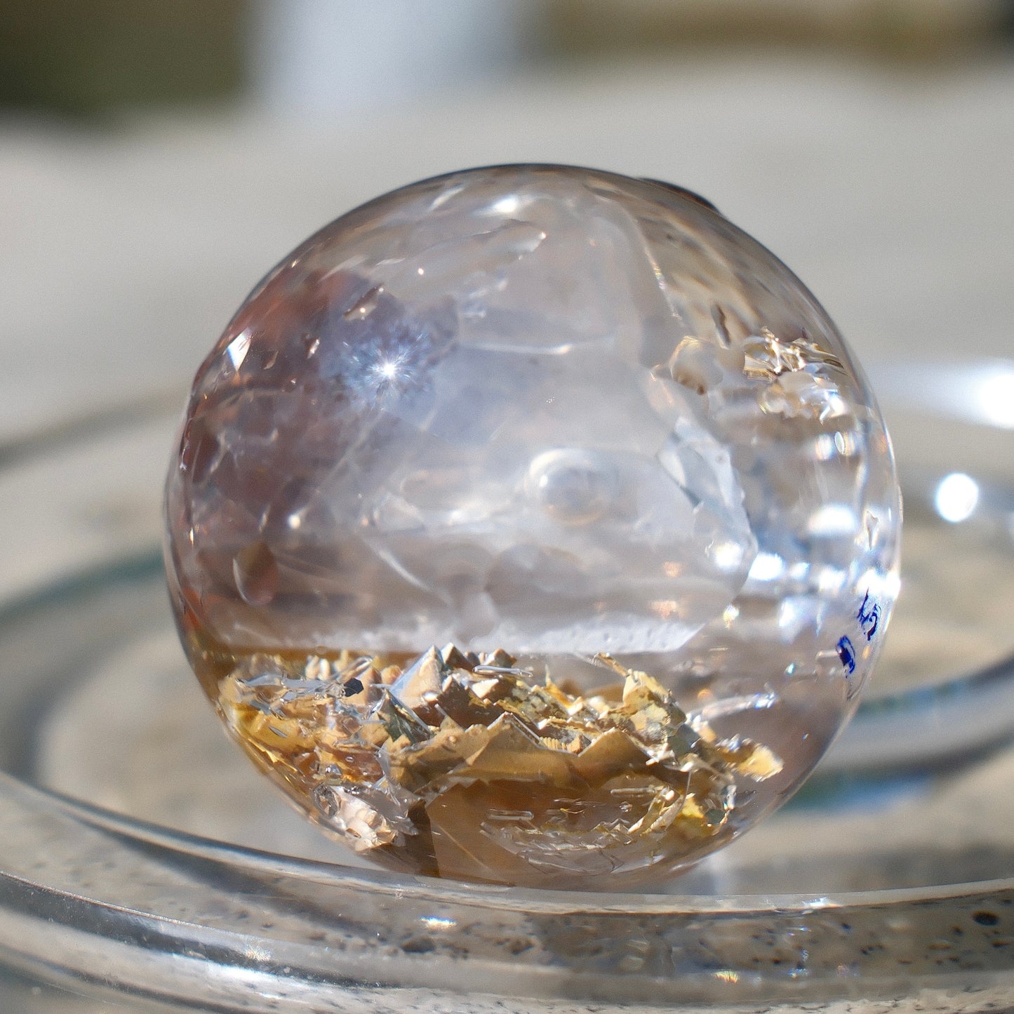 Ultra-Rare Yellow Clay Skeleton Quartz Sphere with Floating Calcite & Movable Enhydro